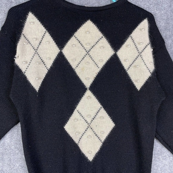Vtg Semplice Wool Sweater Women's M Argyle Beaded Angora Lambswool Black - Picture 2 of 10